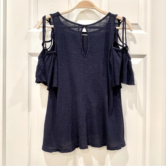 Free People Navy Blue Strappy Shoulder Raw Hem Ruffle Ribbed Tee T-Shirt Top - Picture 3 of 9